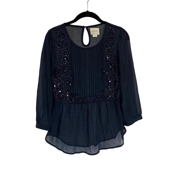 Anthropologie Maeve Helene Sequined Embellished‎ Peplum Navy Blue Blouse Size 2 - Picture 1 of 10